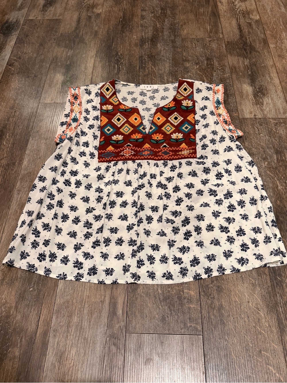 THML White Floral Tank Top with Rust Embroidered Yoke